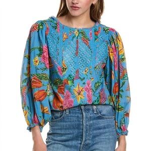Farm Rio Toucans Lace Inset Balloon Sleeve Cotton Blouse in Blue